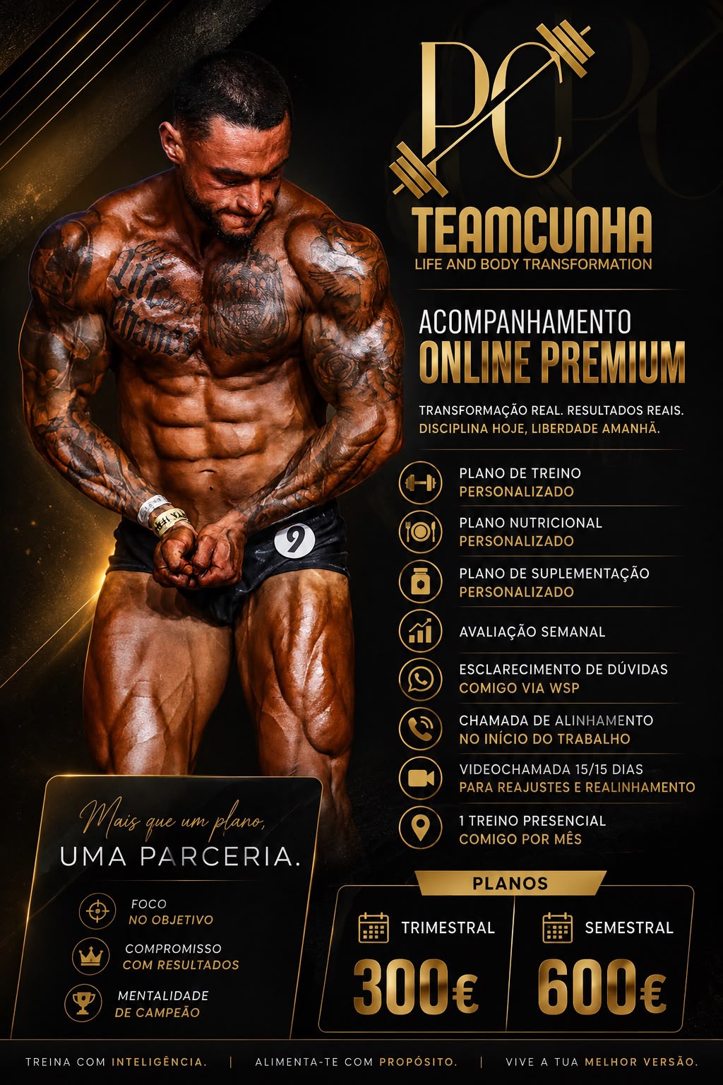Acompanhamento Online Premium TEAMCUNHA: planos trimestral 300€ e semestral 600€